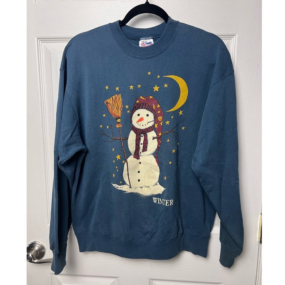 Vintage Snowman Winter Sweatshirt Pullover Crewneck Hanes Activewear Size Large